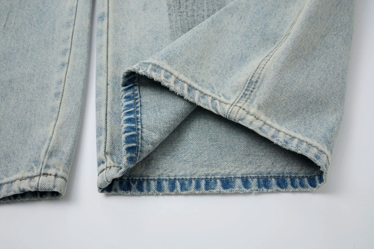 Vintage Washed Distressed Jeans – Light Blue Wide-Leg Denim