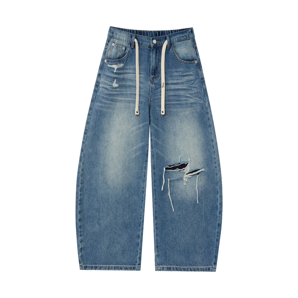 Washed Denim Wide-Leg Jeans – Distressed Streetwear Loose Fit Pants