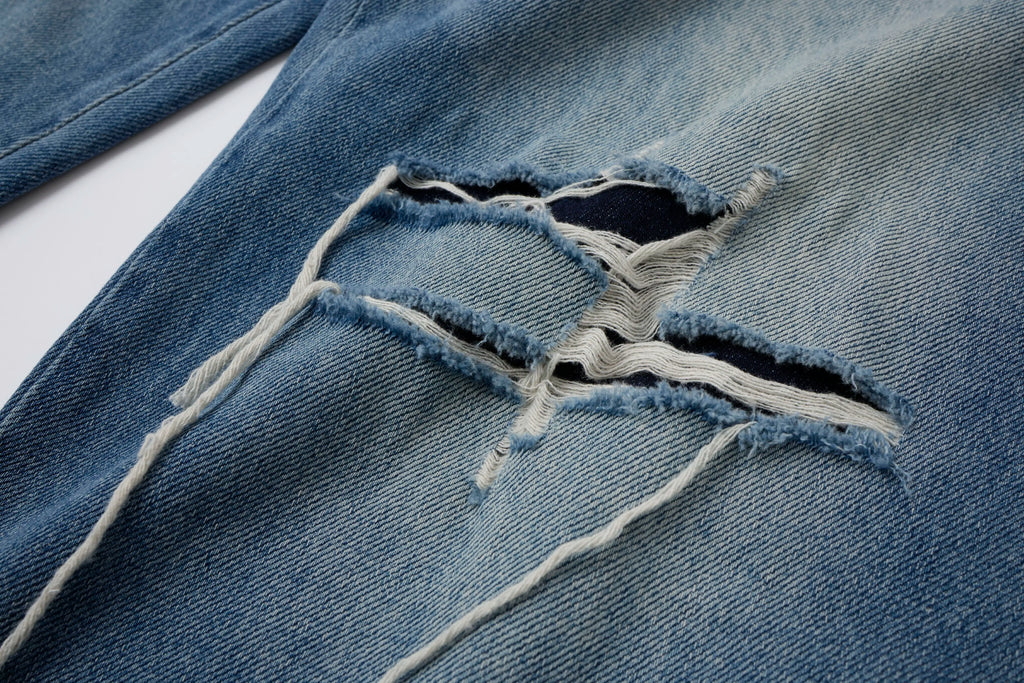 Washed Denim Wide-Leg Jeans – Distressed Streetwear Loose Fit Pants