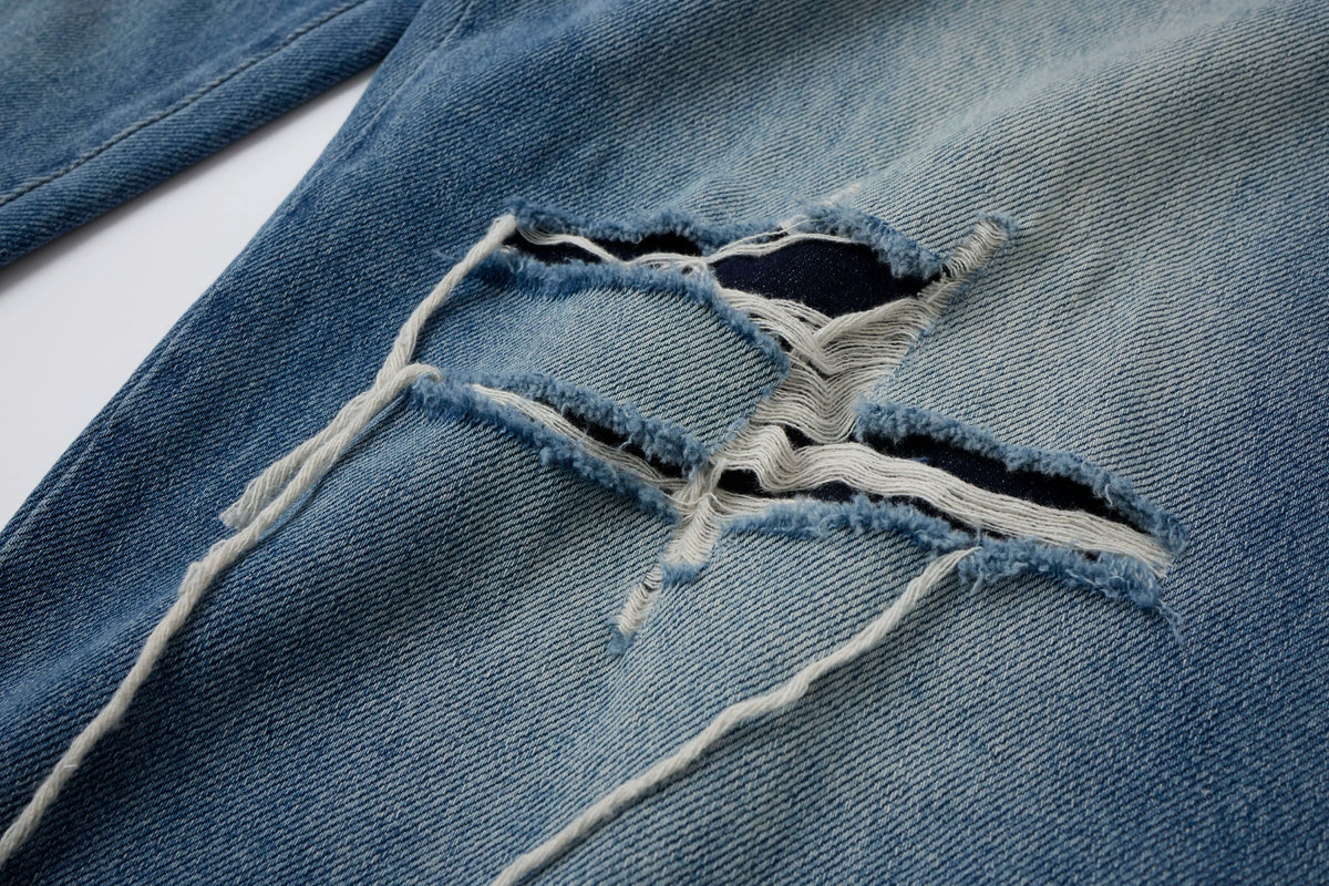 Washed Denim Wide-Leg Jeans – Distressed Streetwear Loose Fit Pants