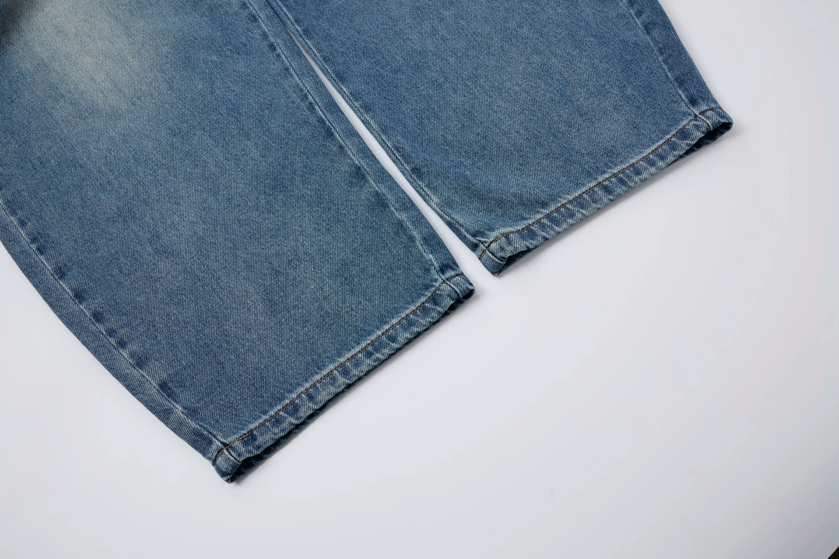 Washed Denim Wide-Leg Jeans – Distressed Streetwear Loose Fit Pants