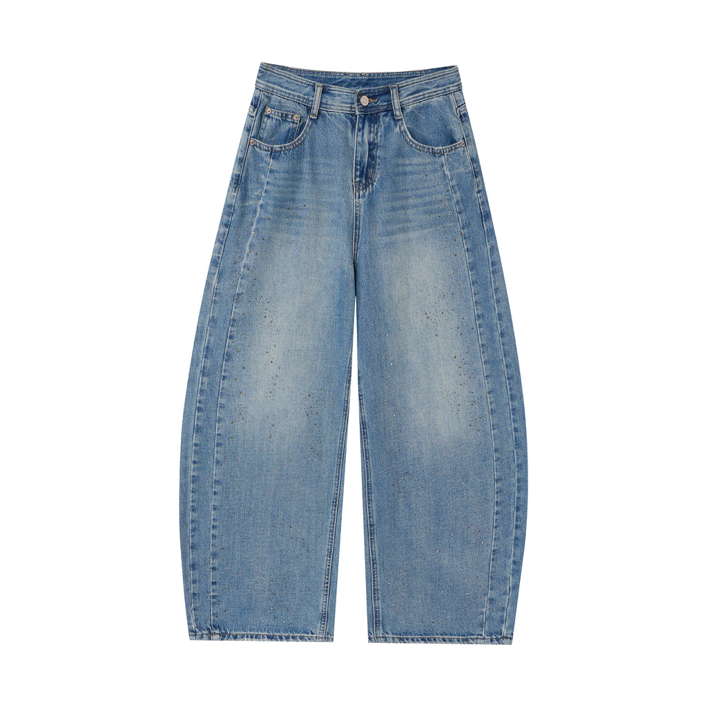 Washed Barrel Jeans – Rhinestone Detail Wide Leg Blue Denim