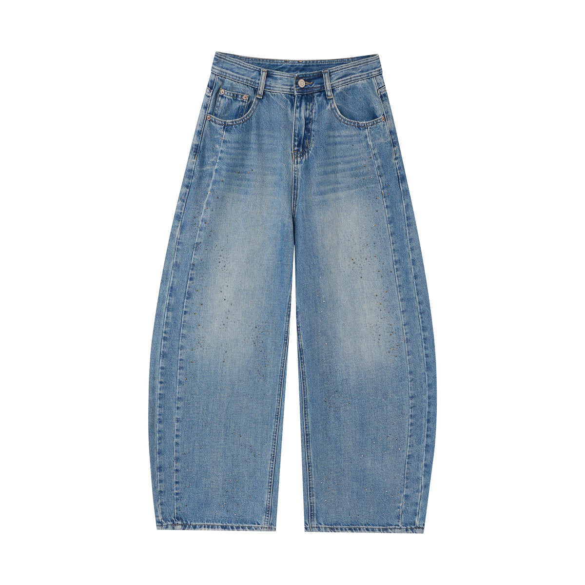 Washed Barrel Jeans – Rhinestone Detail Wide Leg Blue Denim