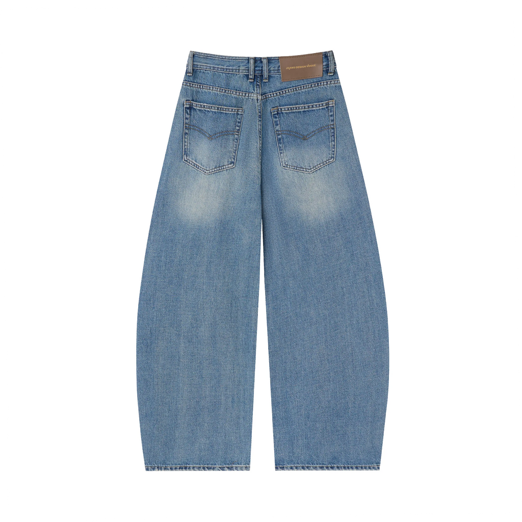 Washed Barrel Jeans – Rhinestone Detail Wide Leg Blue Denim