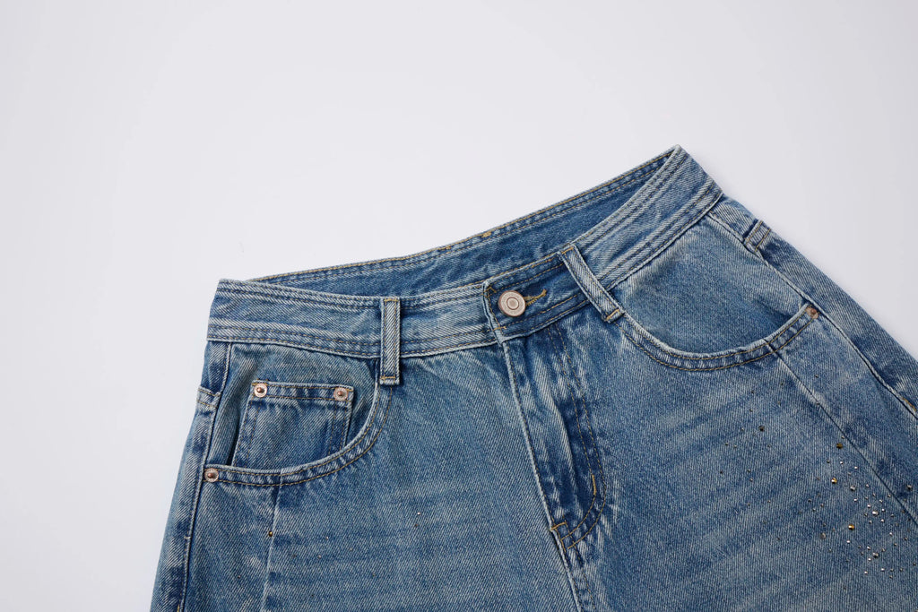 Washed Barrel Jeans – Rhinestone Detail Wide Leg Blue Denim