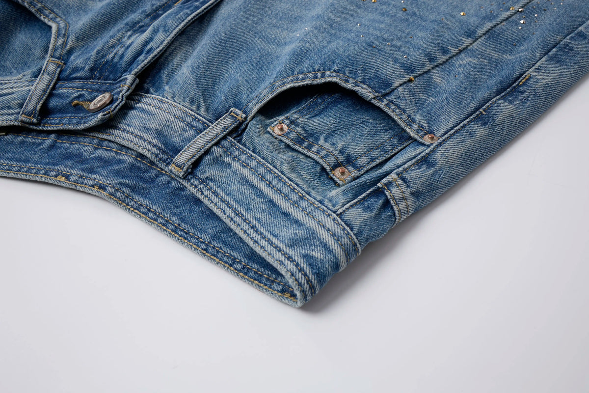 Washed Barrel Jeans – Rhinestone Detail Wide Leg Blue Denim