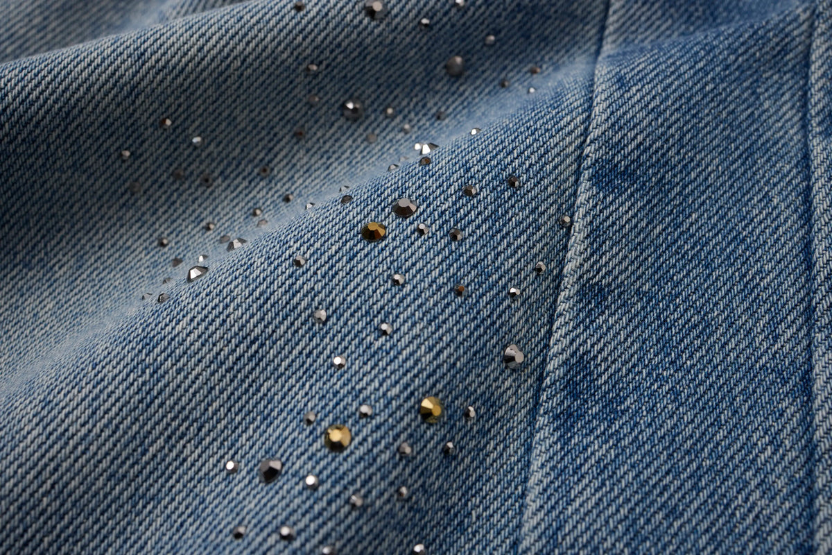 Washed Barrel Jeans – Rhinestone Detail Wide Leg Blue Denim