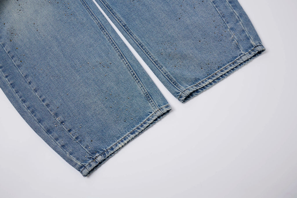 Washed Barrel Jeans – Rhinestone Detail Wide Leg Blue Denim