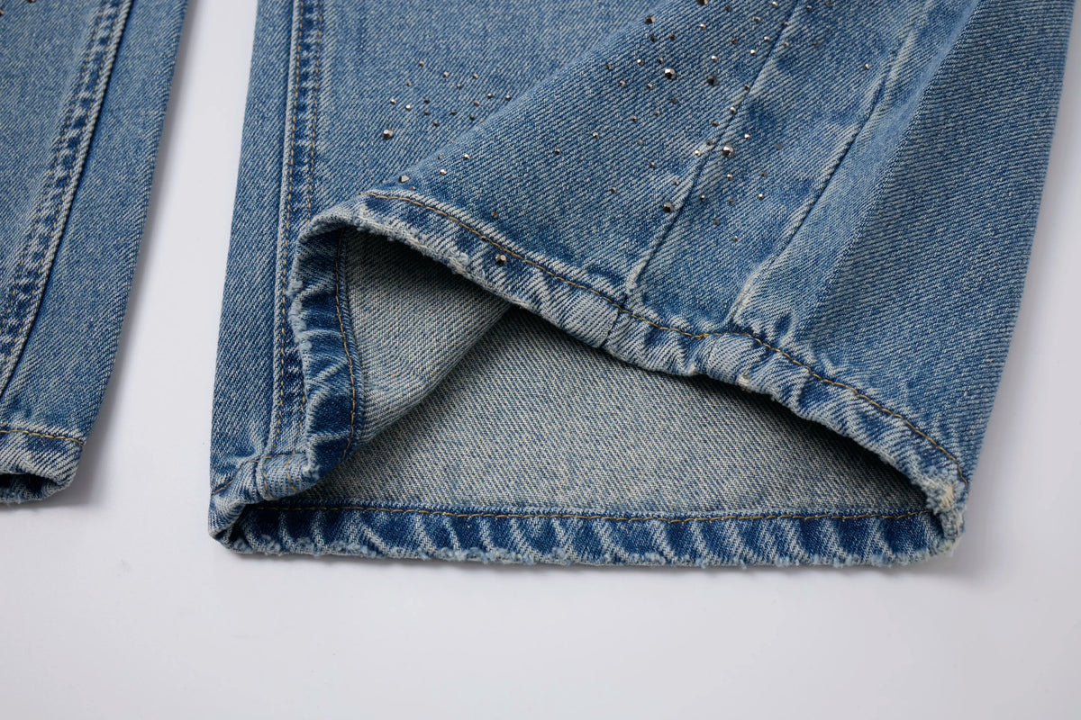Washed Barrel Jeans – Rhinestone Detail Wide Leg Blue Denim