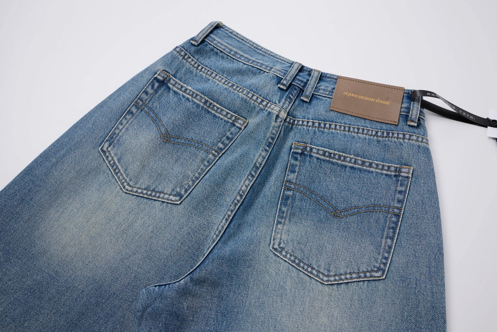 Washed Barrel Jeans – Rhinestone Detail Wide Leg Blue Denim