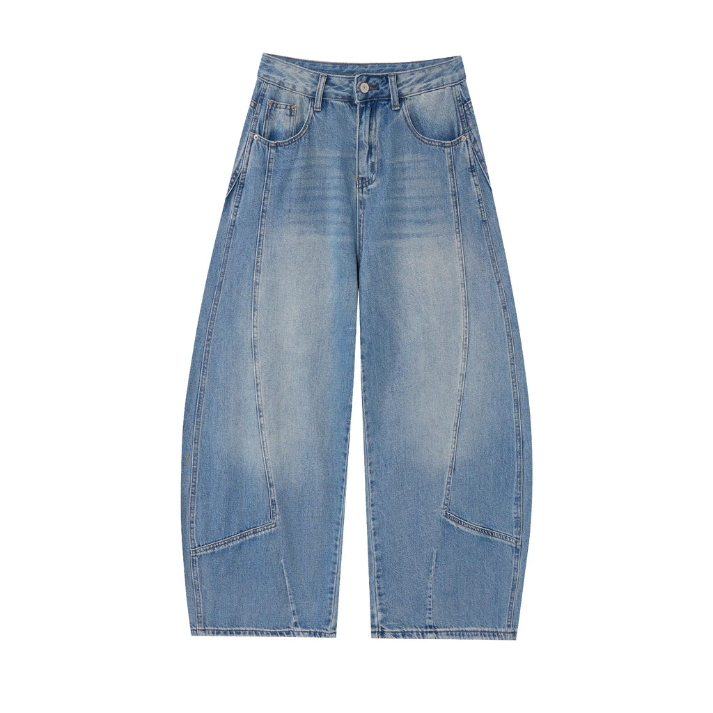 Vintage Wash Barrel Jeans – Panel Detail Wide Leg Denim