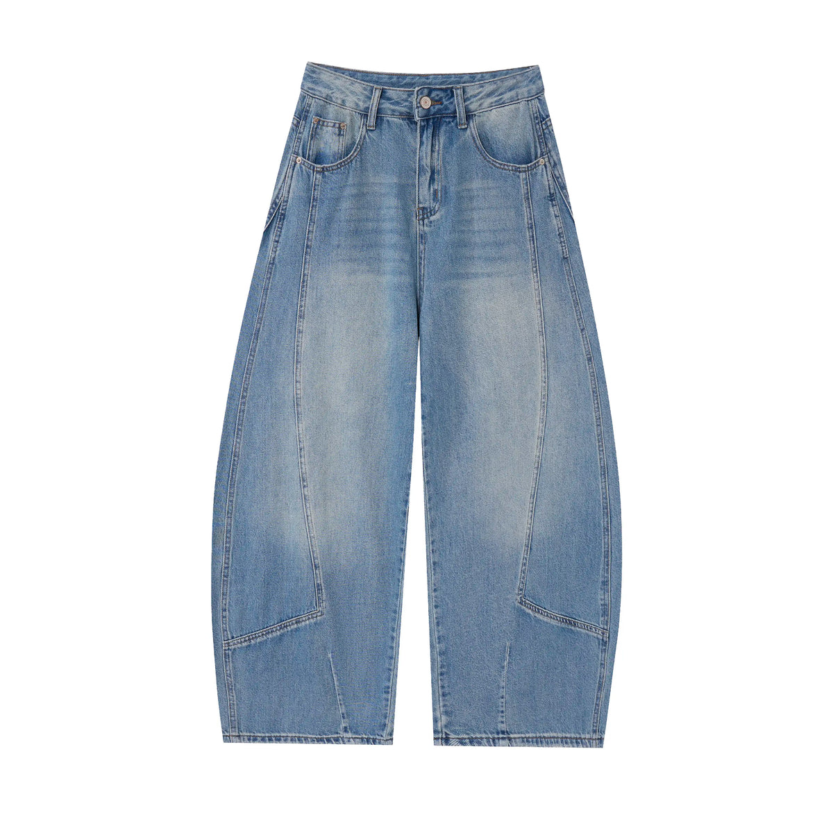 Vintage Wash Barrel Jeans – Panel Detail Wide Leg Denim