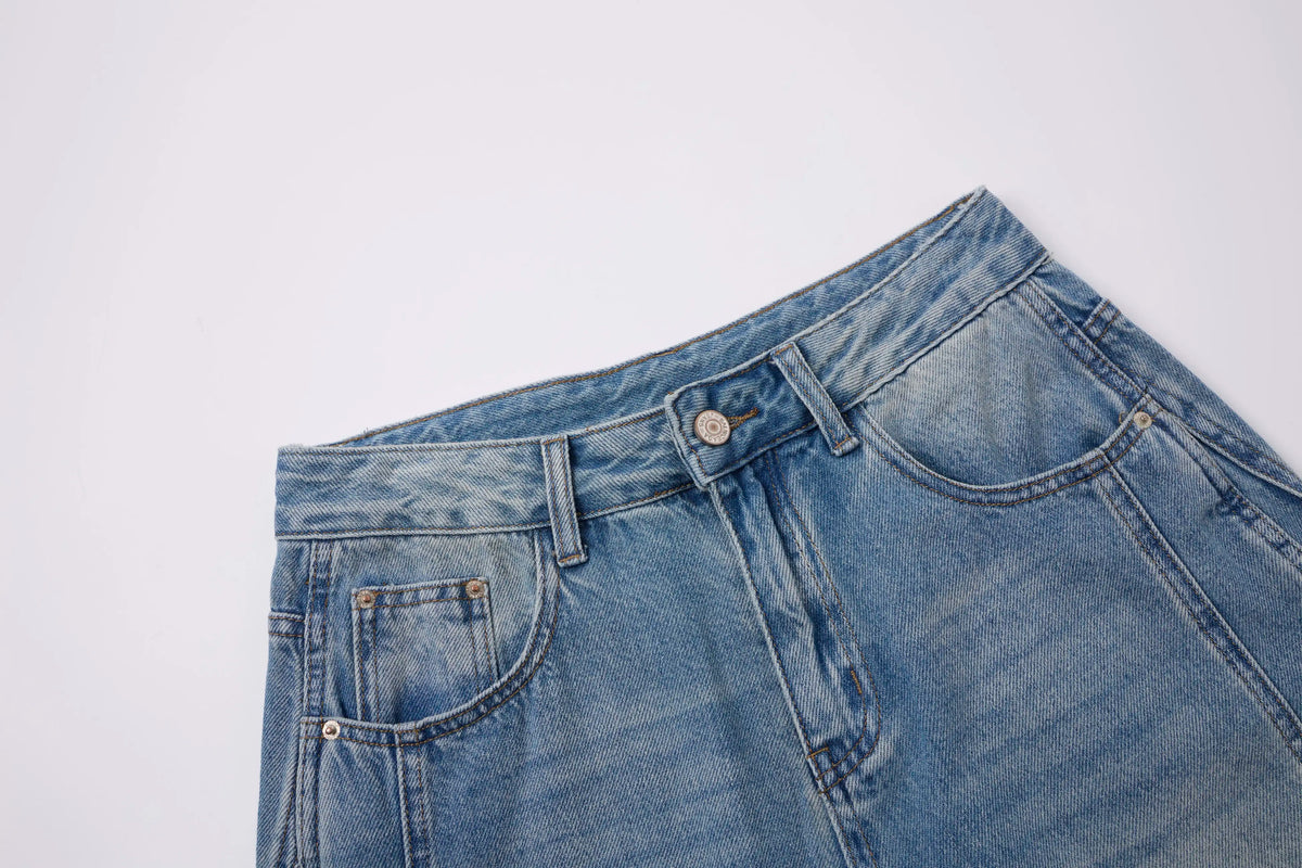 Vintage Wash Barrel Jeans – Panel Detail Wide Leg Denim