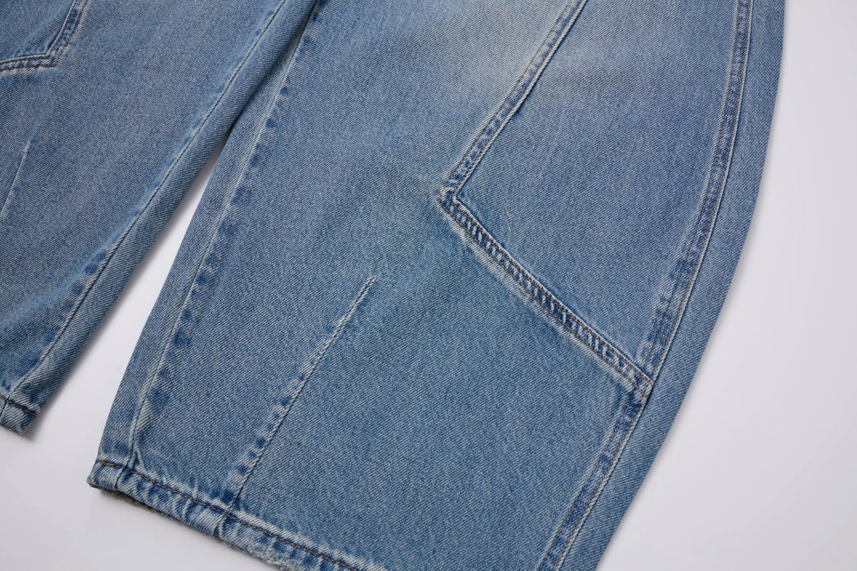 Vintage Wash Barrel Jeans – Panel Detail Wide Leg Denim