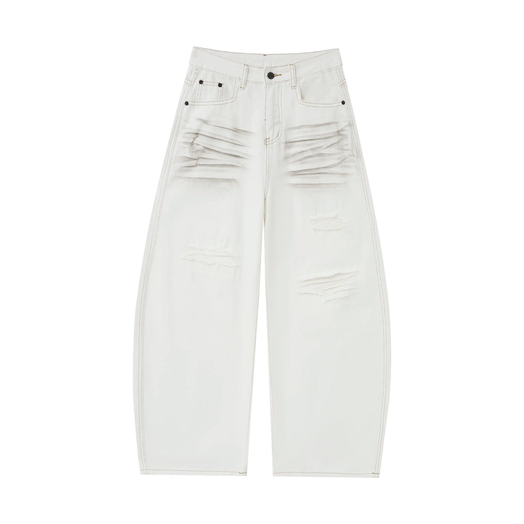 Washed Ivory Distressed Jeans – Wide-Leg Street Denim