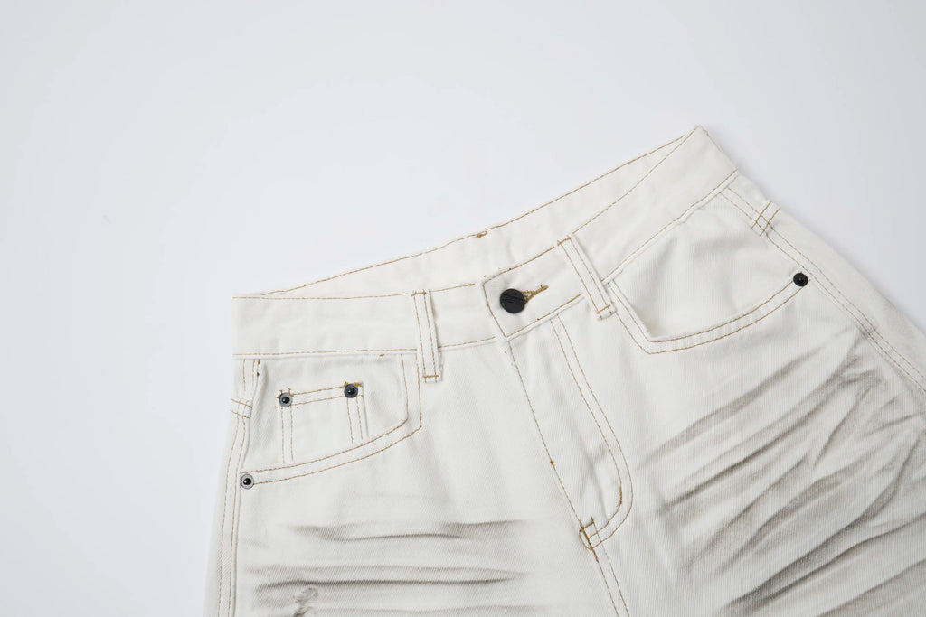 Washed Ivory Distressed Jeans – Wide-Leg Street Denim