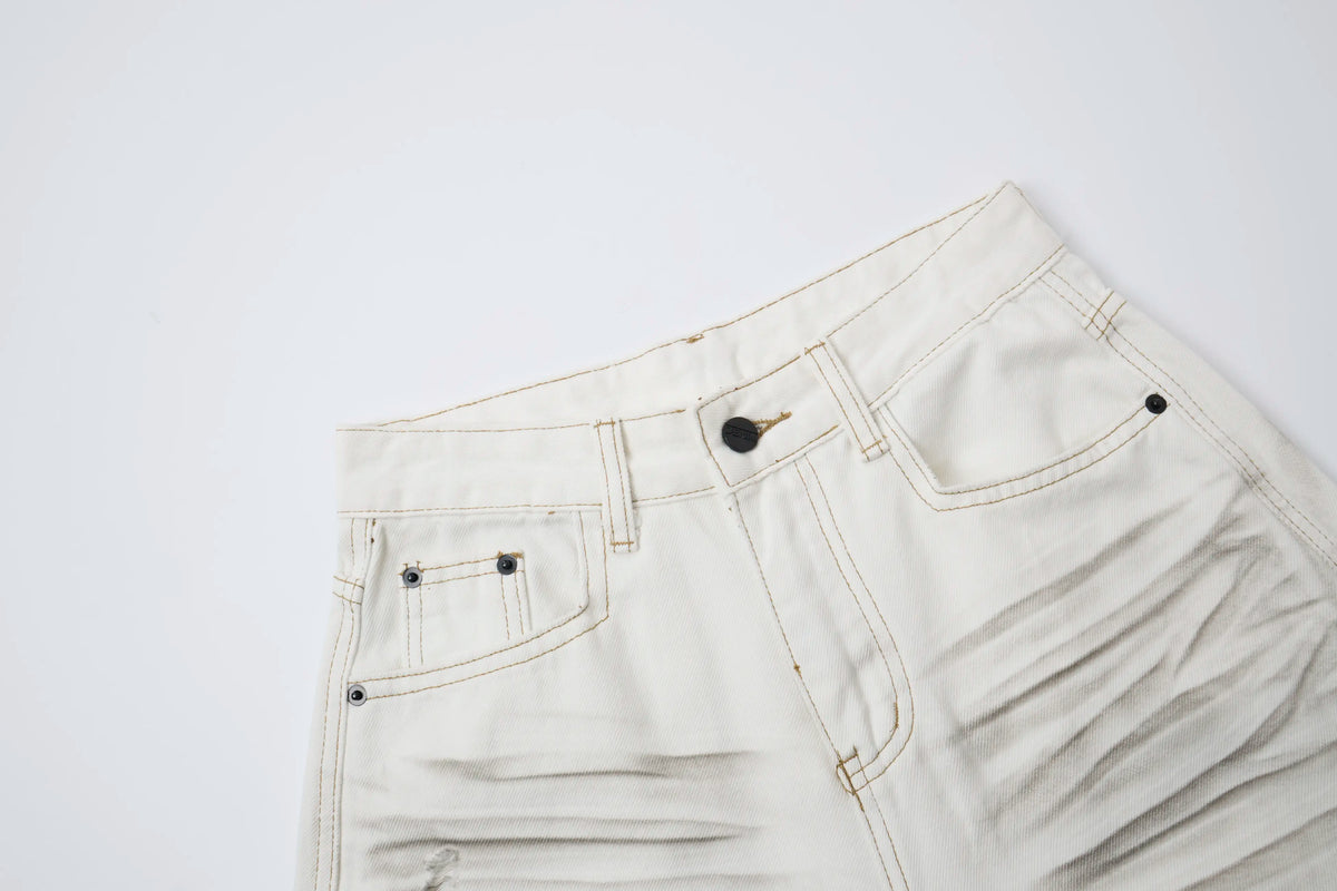 Washed Ivory Distressed Jeans – Wide-Leg Street Denim