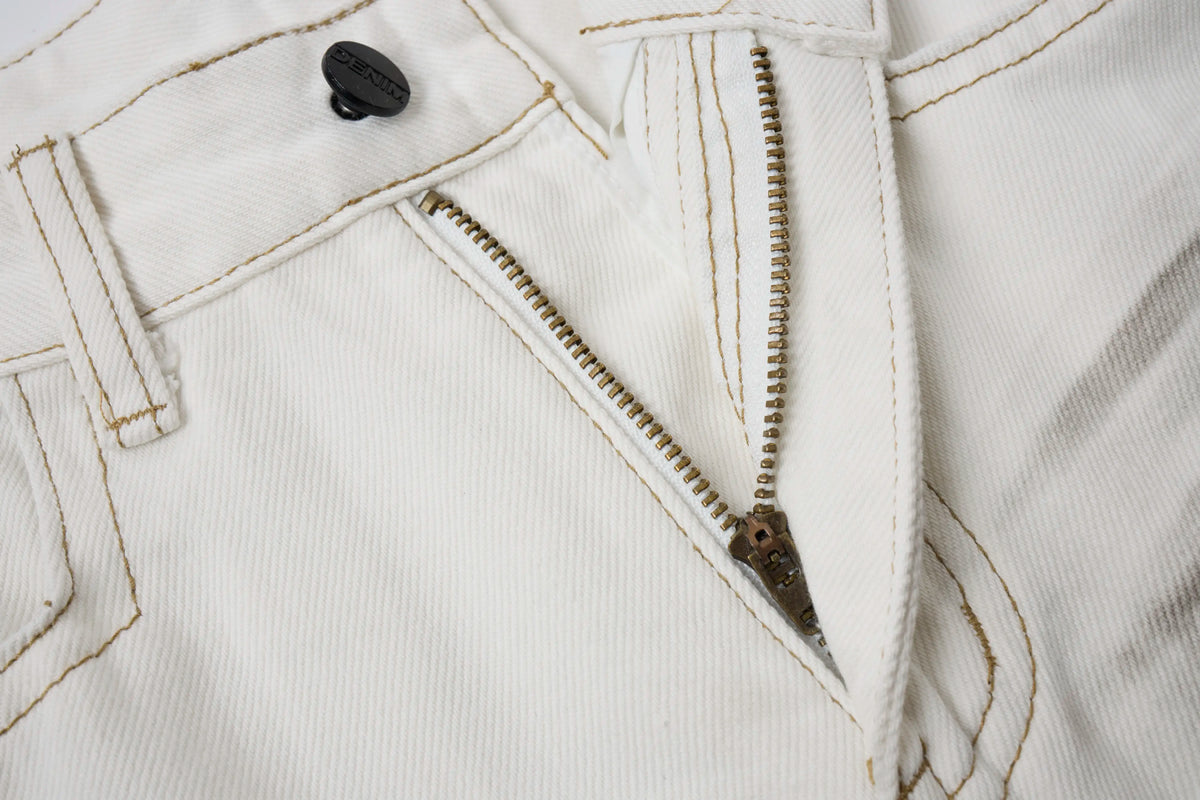 Washed Ivory Distressed Jeans – Wide-Leg Street Denim