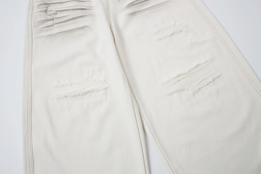 Washed Ivory Distressed Jeans – Wide-Leg Street Denim