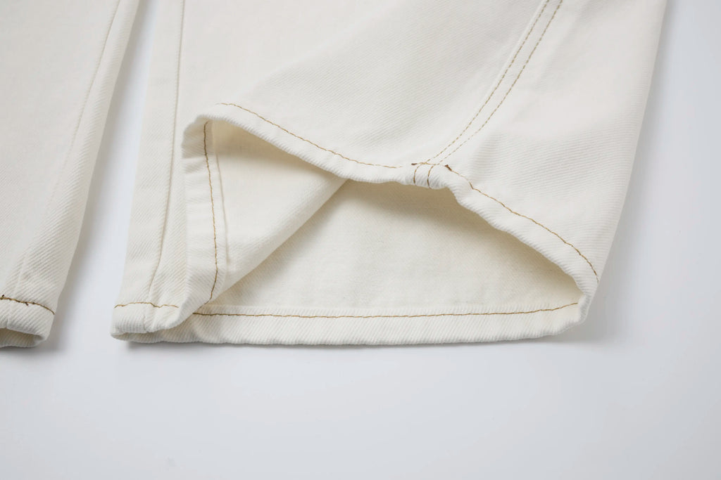 Washed Ivory Distressed Jeans – Wide-Leg Street Denim