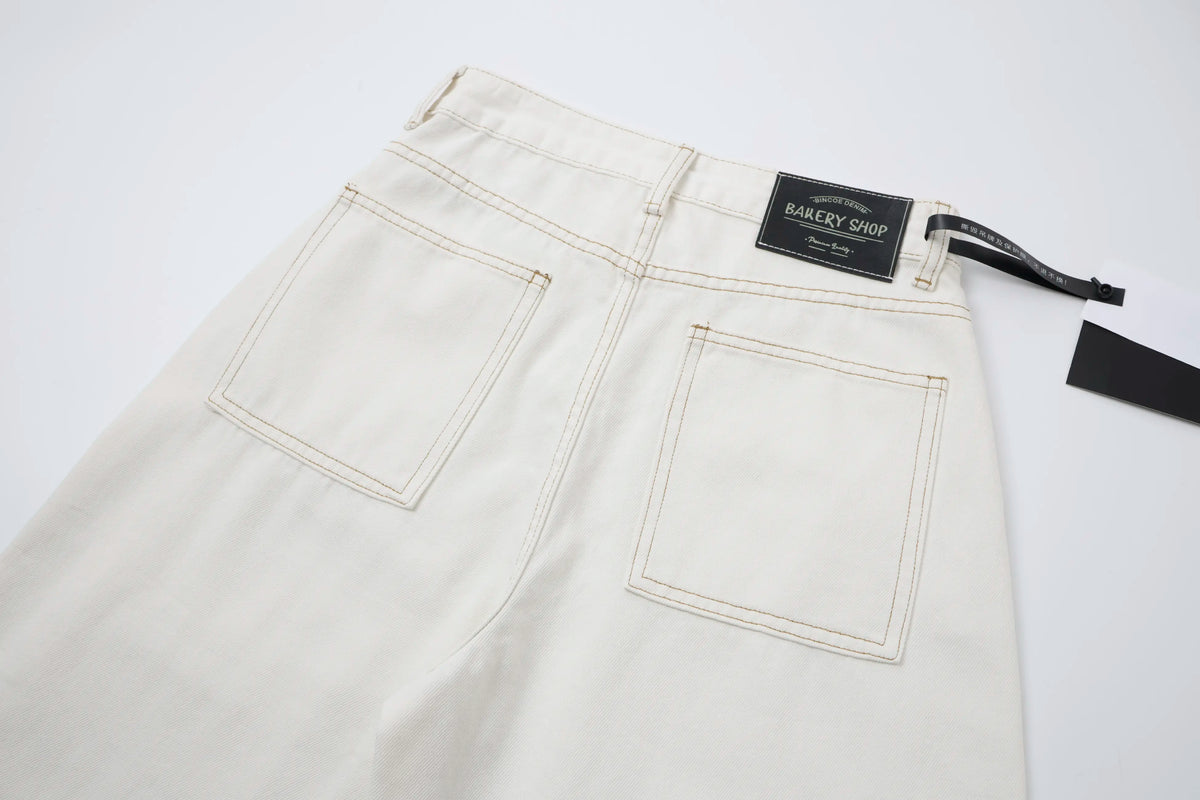 Washed Ivory Distressed Jeans – Wide-Leg Street Denim