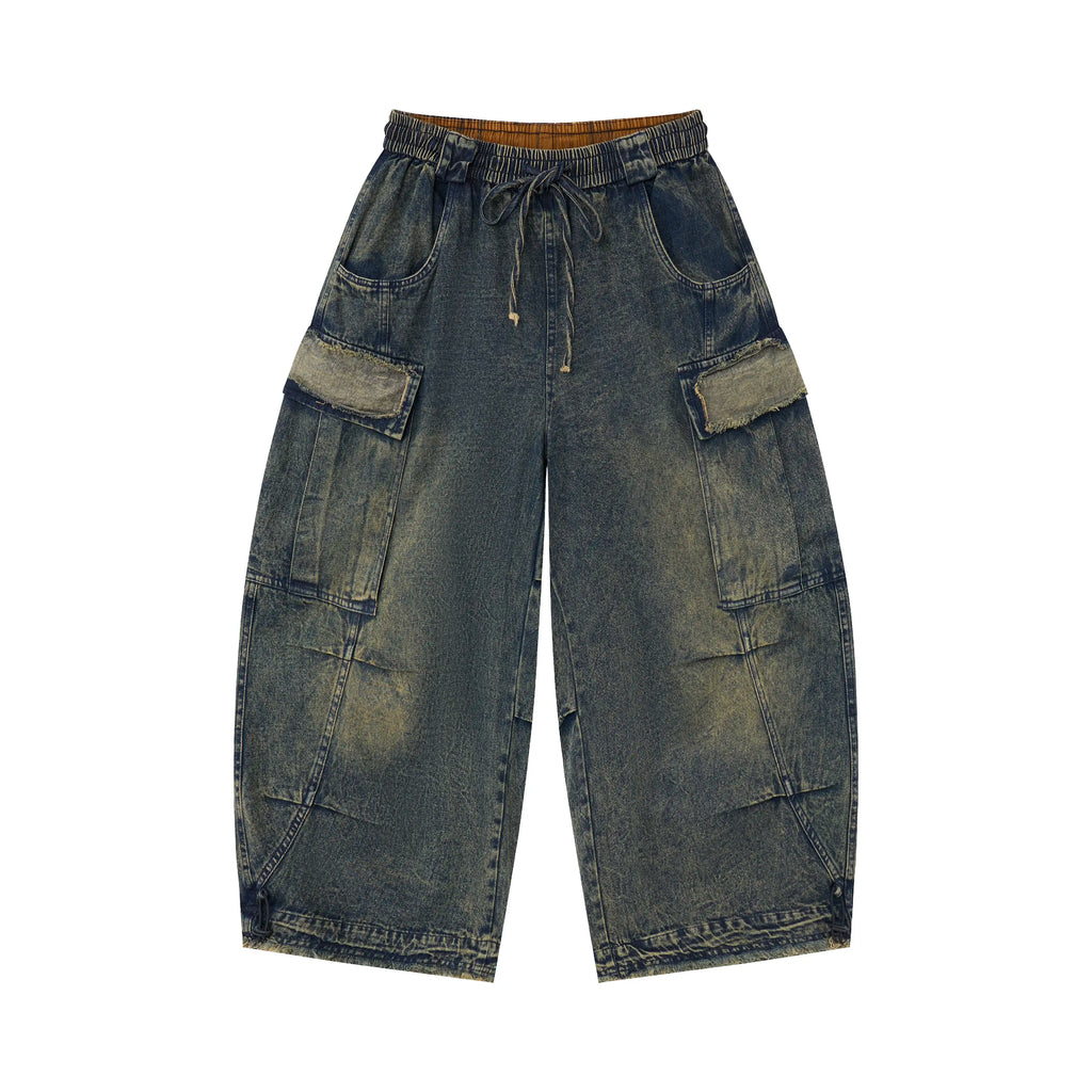 Vintage Washed Cargo Denim Pants – Elastic Waist Wide Fit