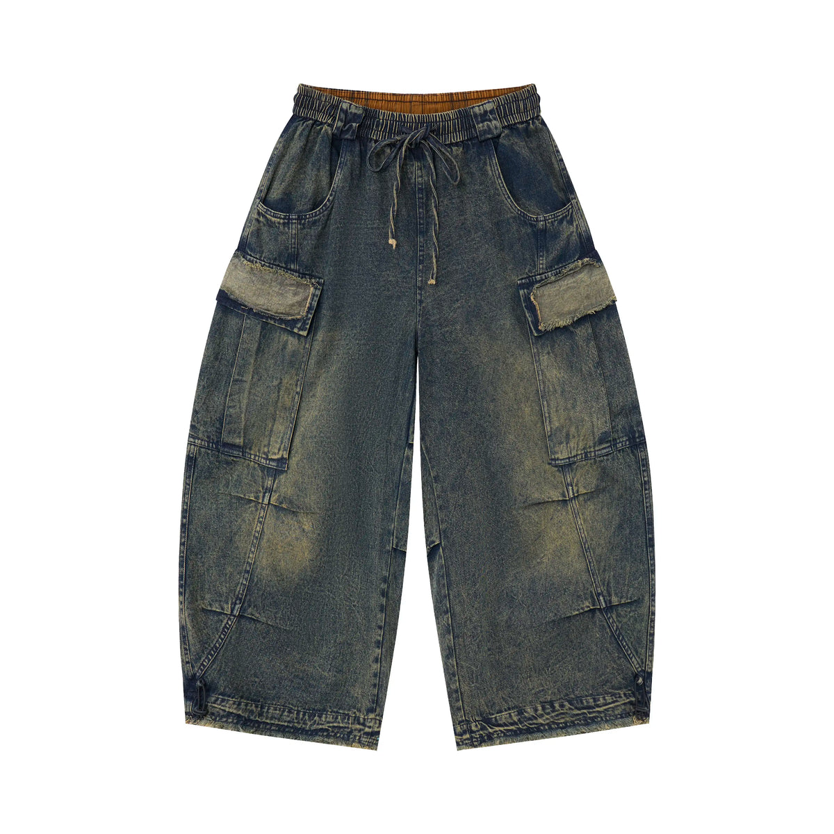 Vintage Washed Cargo Denim Pants – Elastic Waist Wide Fit