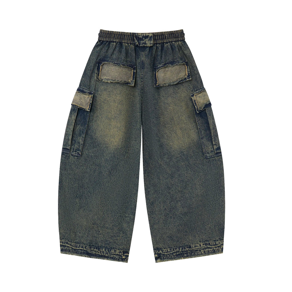Vintage Washed Cargo Denim Pants – Elastic Waist Wide Fit