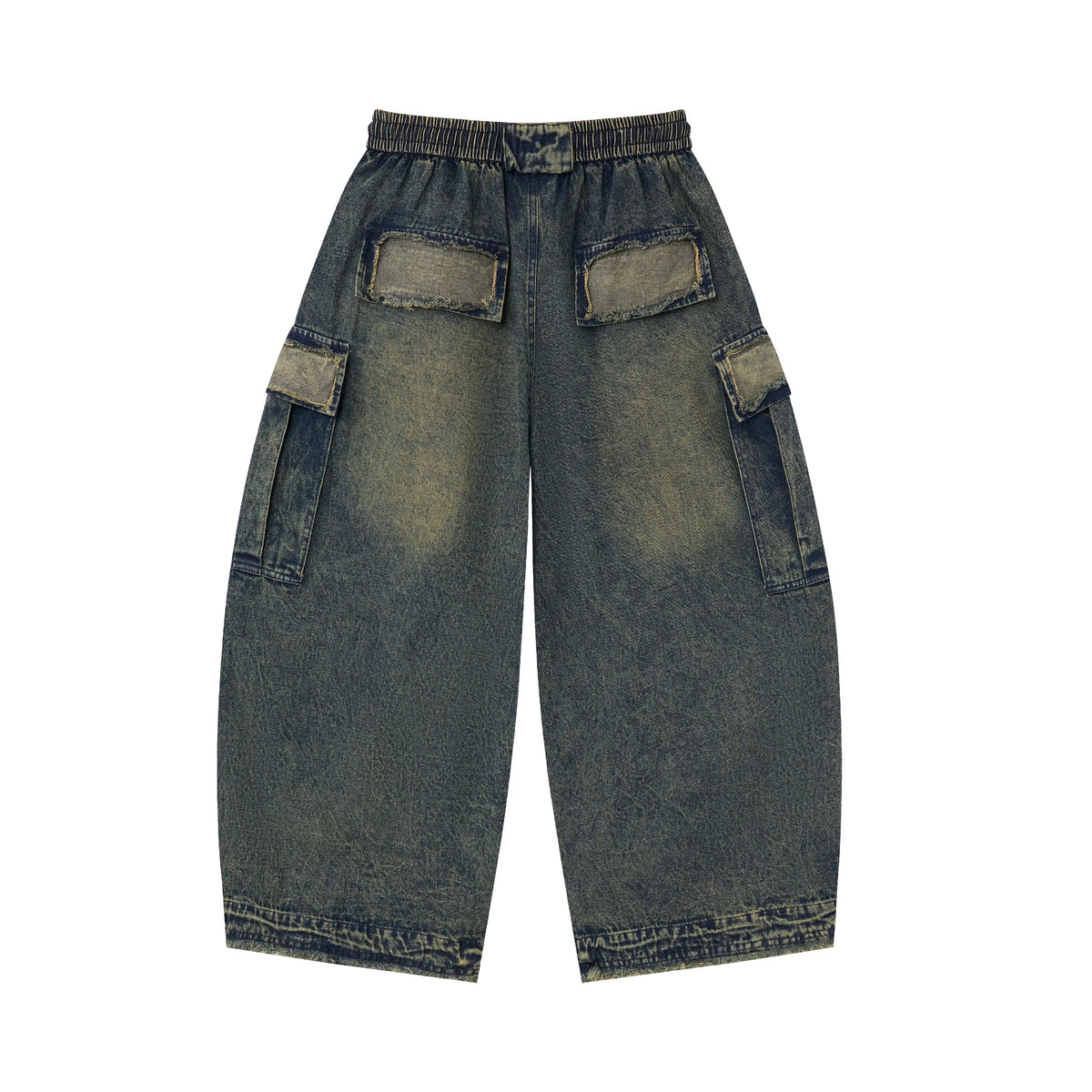 Vintage Washed Cargo Denim Pants – Elastic Waist Wide Fit