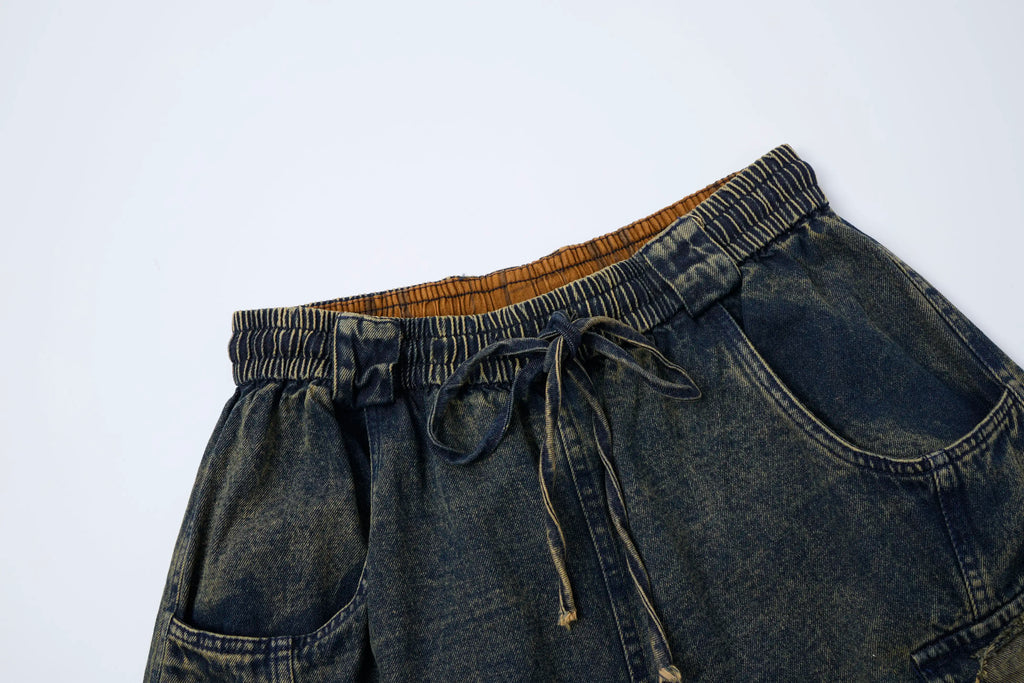 Vintage Washed Cargo Denim Pants – Elastic Waist Wide Fit