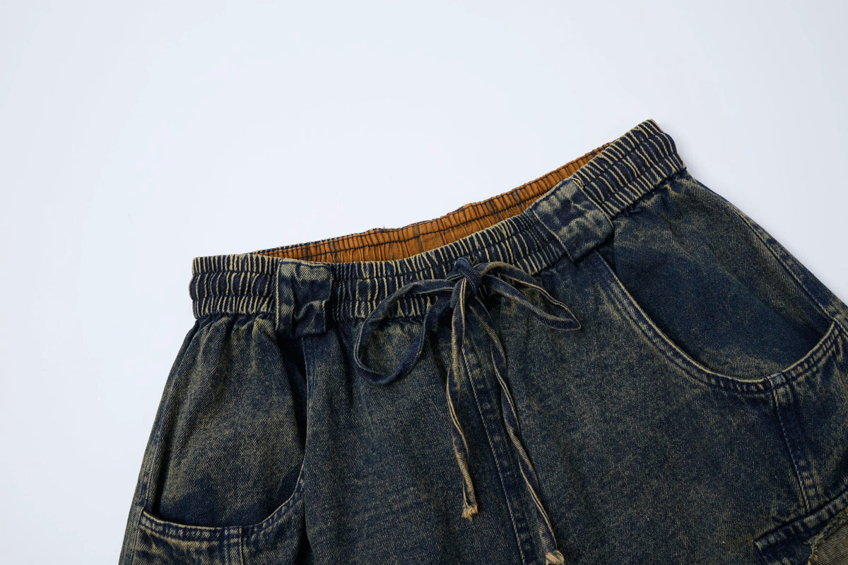 Vintage Washed Cargo Denim Pants – Elastic Waist Wide Fit