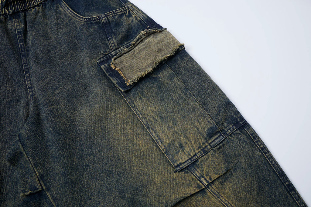 Vintage Washed Cargo Denim Pants – Elastic Waist Wide Fit