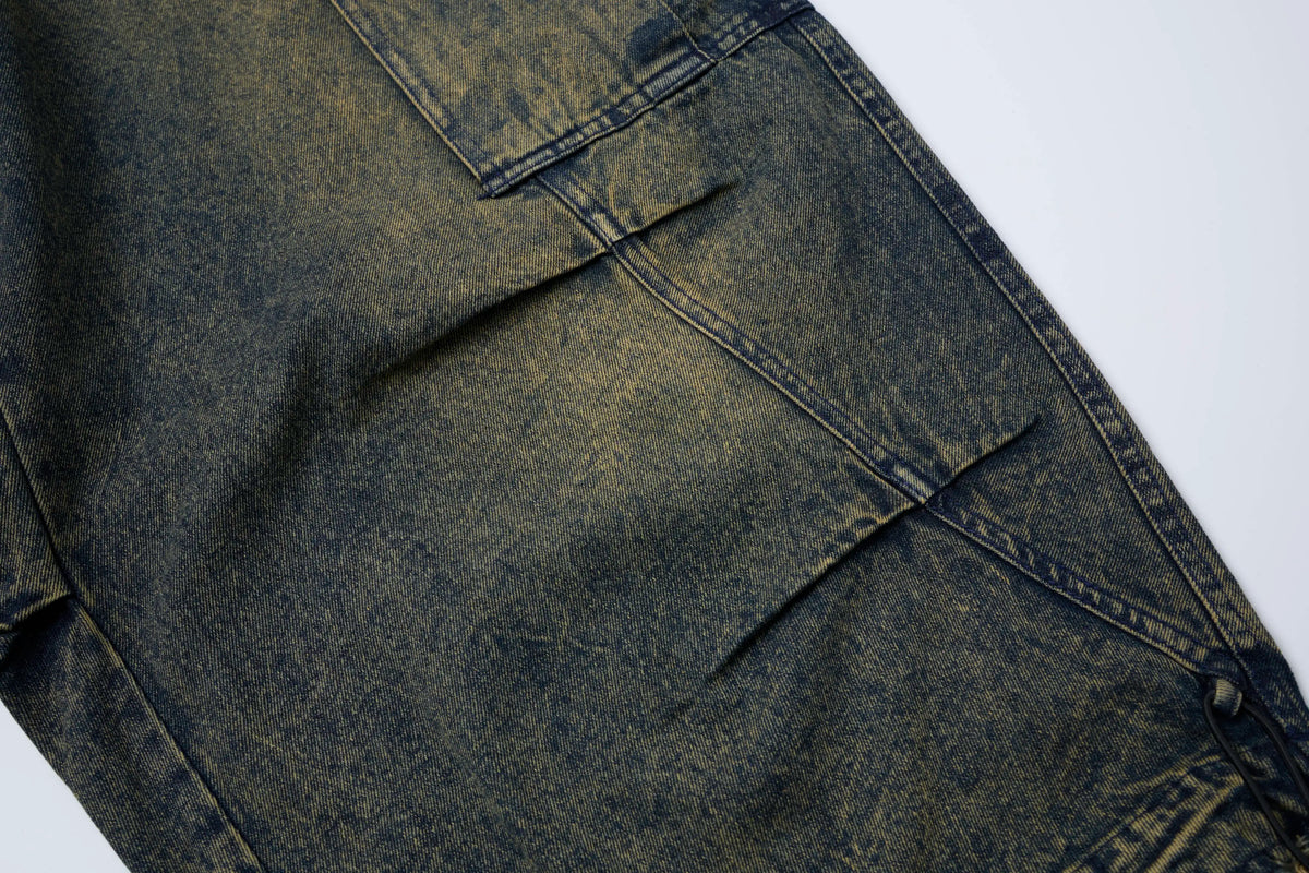Vintage Washed Cargo Denim Pants – Elastic Waist Wide Fit