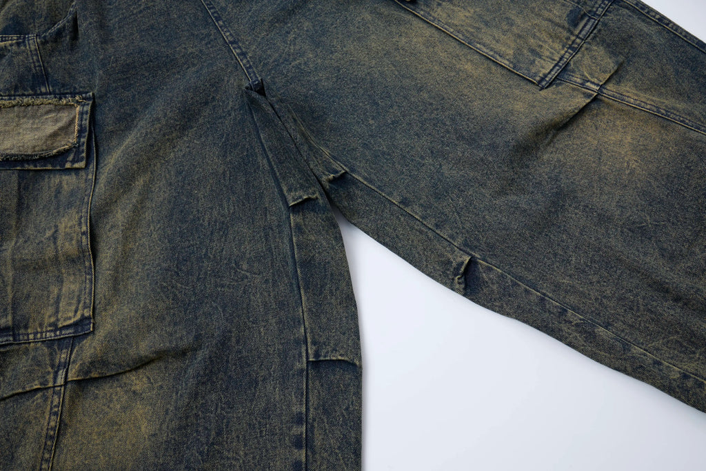 Vintage Washed Cargo Denim Pants – Elastic Waist Wide Fit