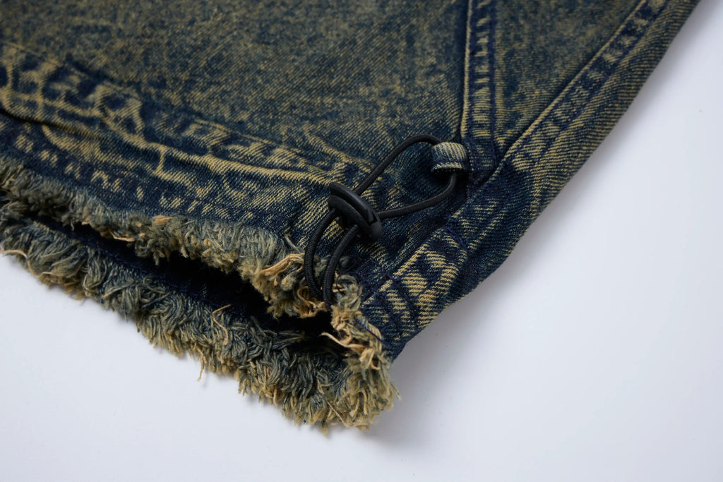 Vintage Washed Cargo Denim Pants – Elastic Waist Wide Fit