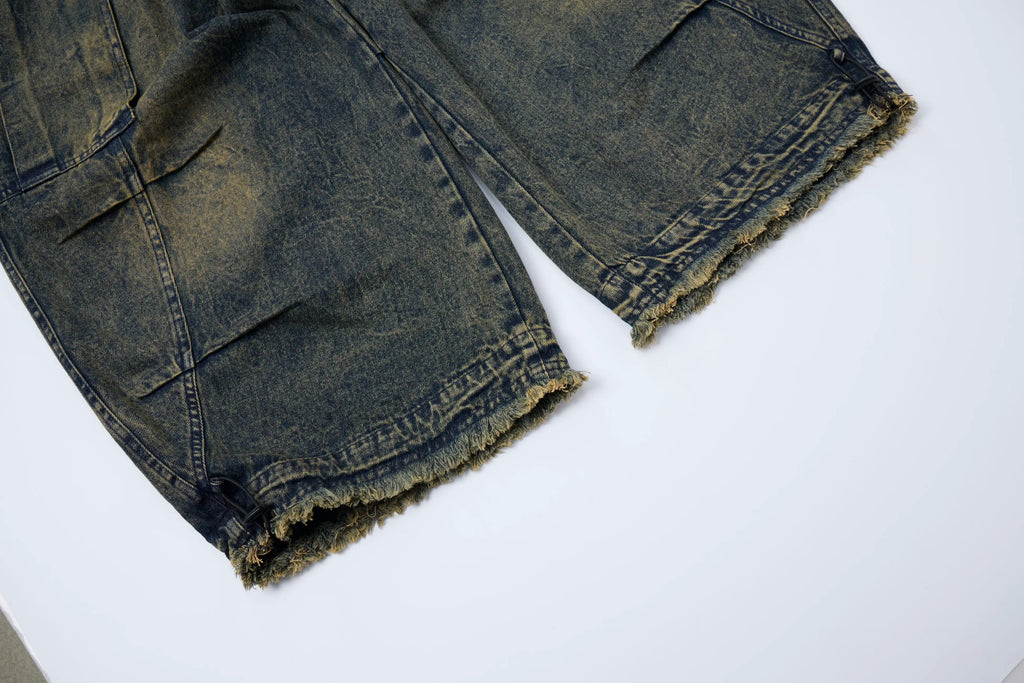 Vintage Washed Cargo Denim Pants – Elastic Waist Wide Fit