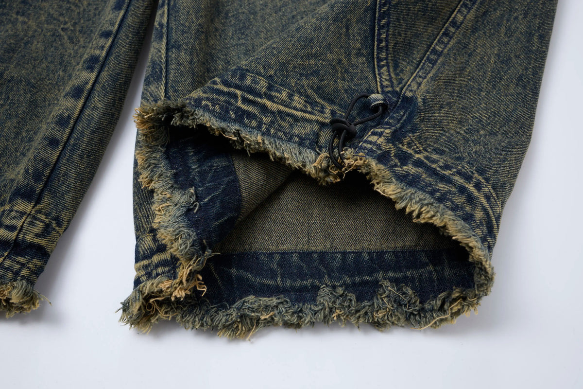 Vintage Washed Cargo Denim Pants – Elastic Waist Wide Fit
