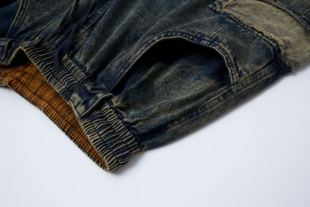 Vintage Washed Cargo Denim Pants – Elastic Waist Wide Fit