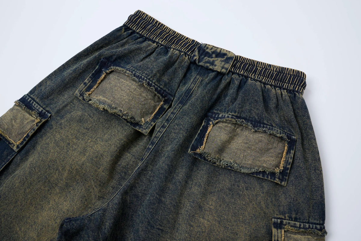 Vintage Washed Cargo Denim Pants – Elastic Waist Wide Fit