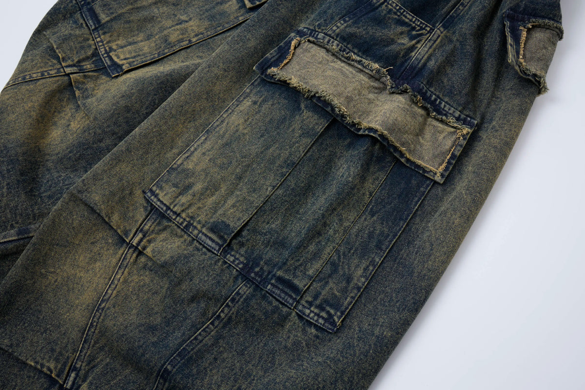 Vintage Washed Cargo Denim Pants – Elastic Waist Wide Fit