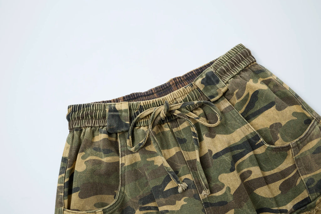 Raw Camo Cargo Pants – Distressed Wide-Leg Utility Trousers