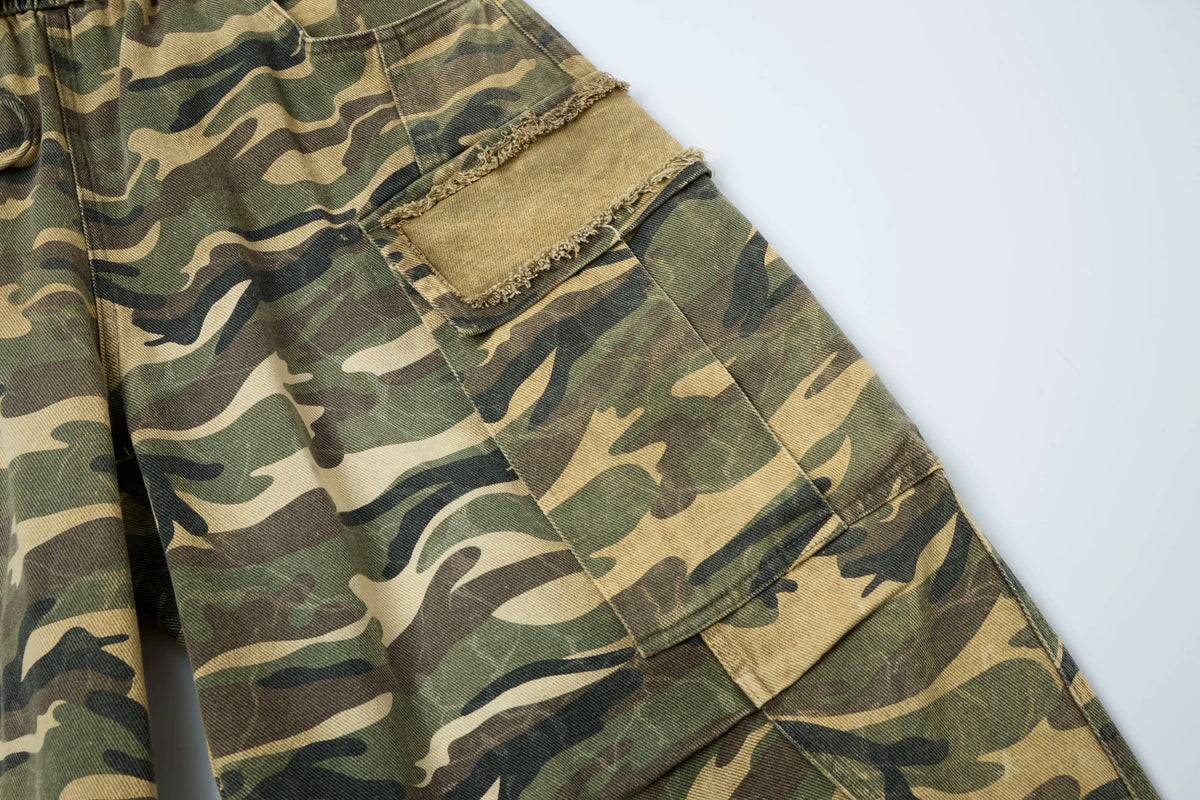Raw Camo Cargo Pants – Distressed Wide-Leg Utility Trousers