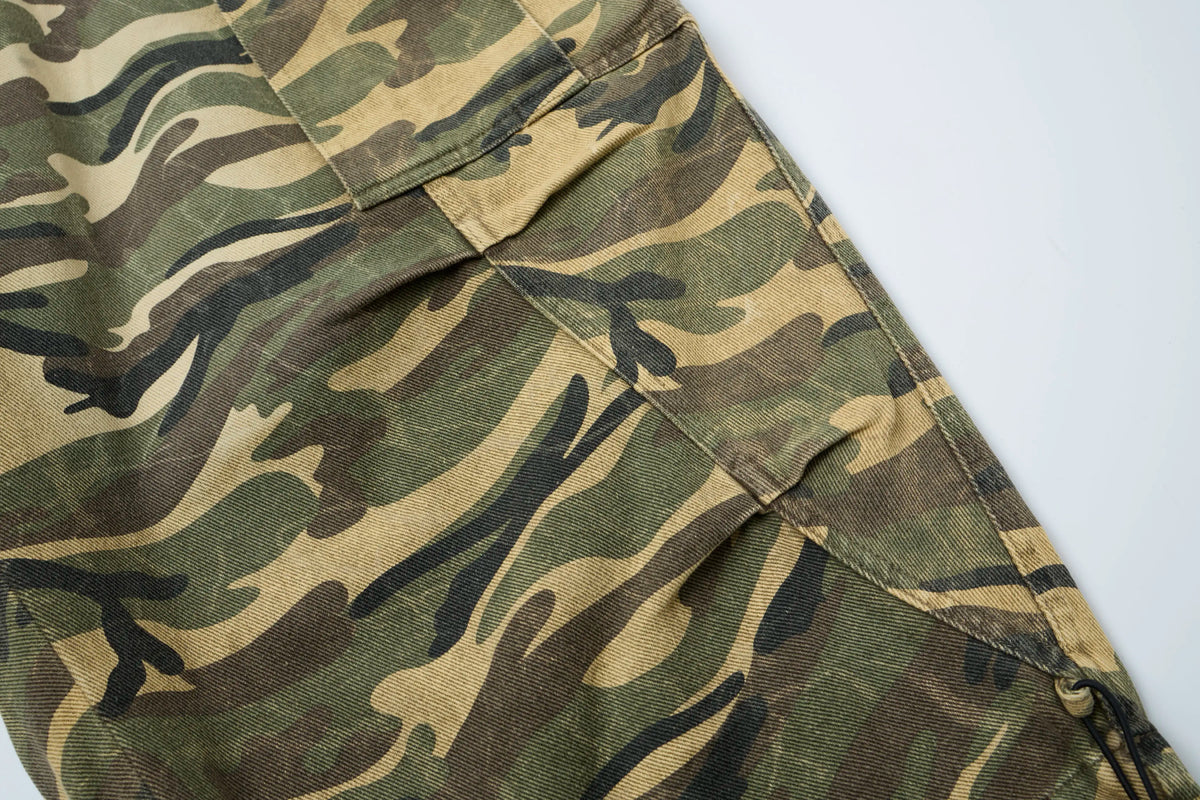 Raw Camo Cargo Pants – Distressed Wide-Leg Utility Trousers