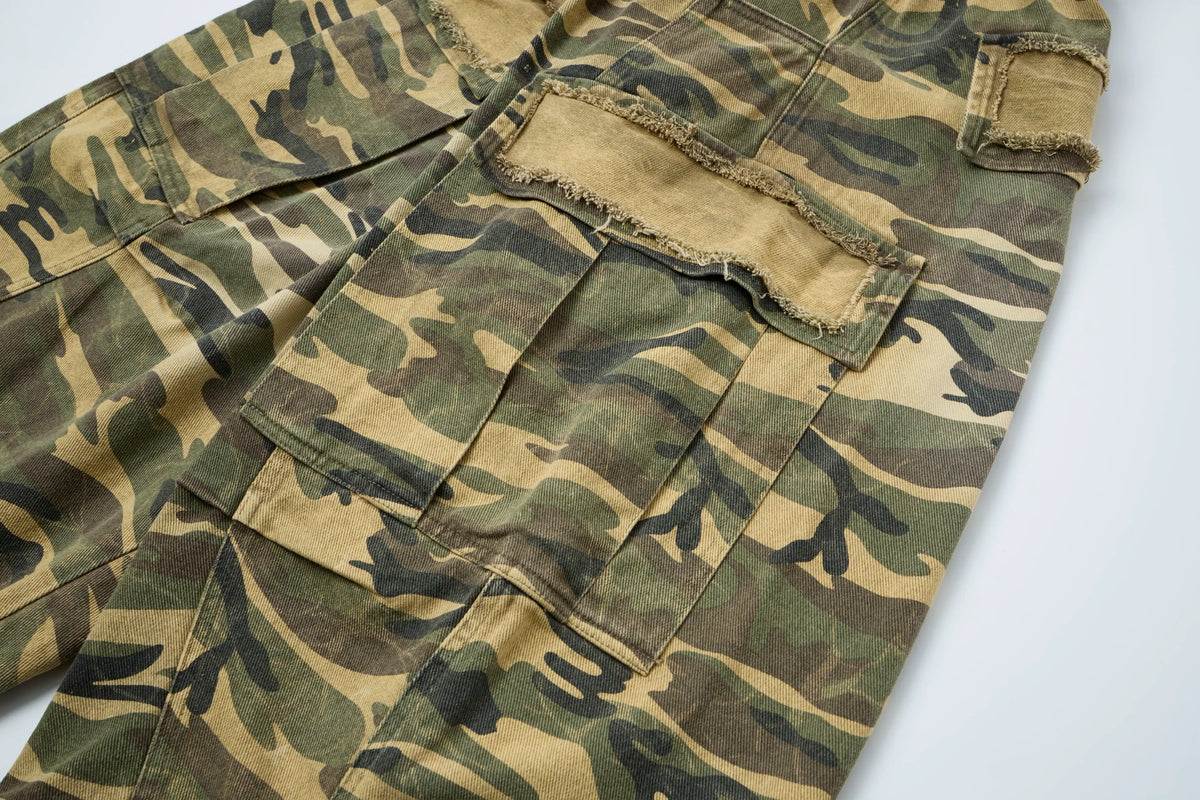 Raw Camo Cargo Pants – Distressed Wide-Leg Utility Trousers