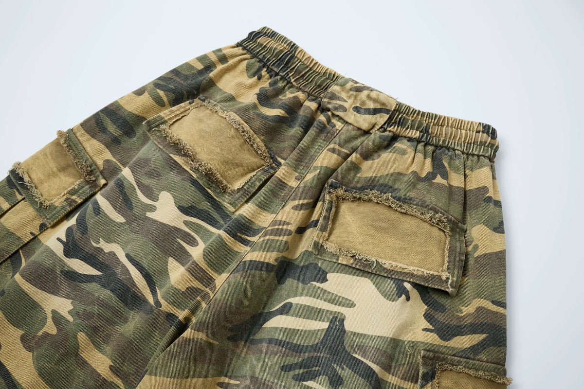 Raw Camo Cargo Pants – Distressed Wide-Leg Utility Trousers