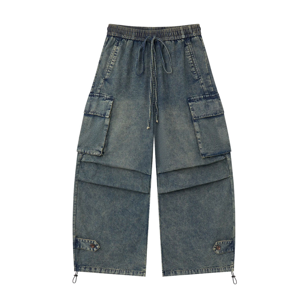 Washed Denim Cargo Baggy Pants – Elastic Waist Utility Wide Fit