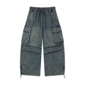 Washed Denim Cargo Baggy Pants – Elastic Waist Utility Wide Fit