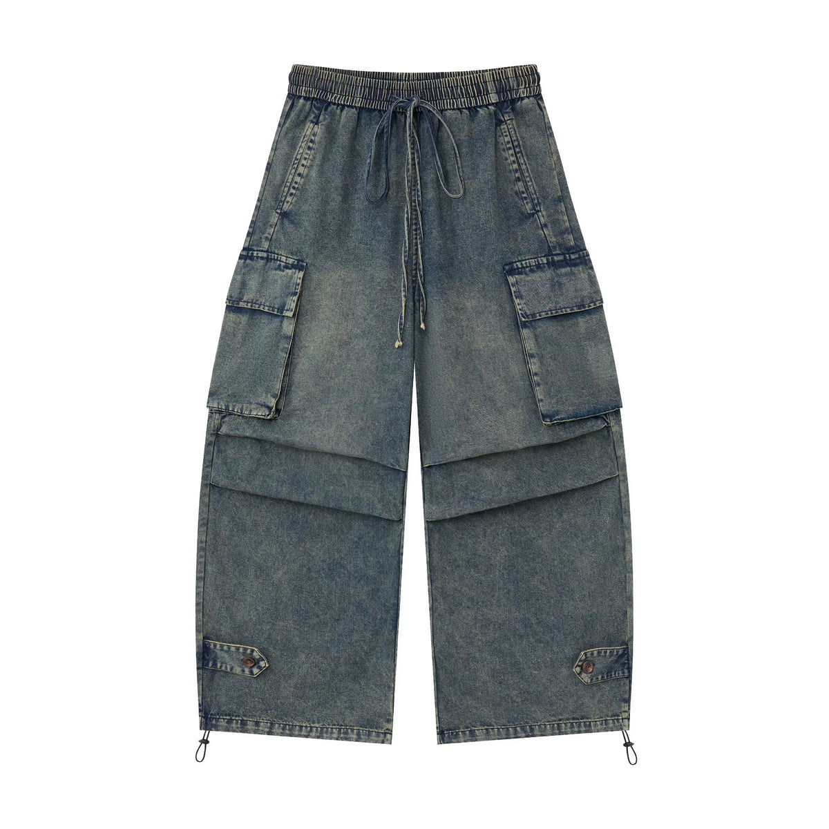 Washed Denim Cargo Baggy Pants – Elastic Waist Utility Wide Fit