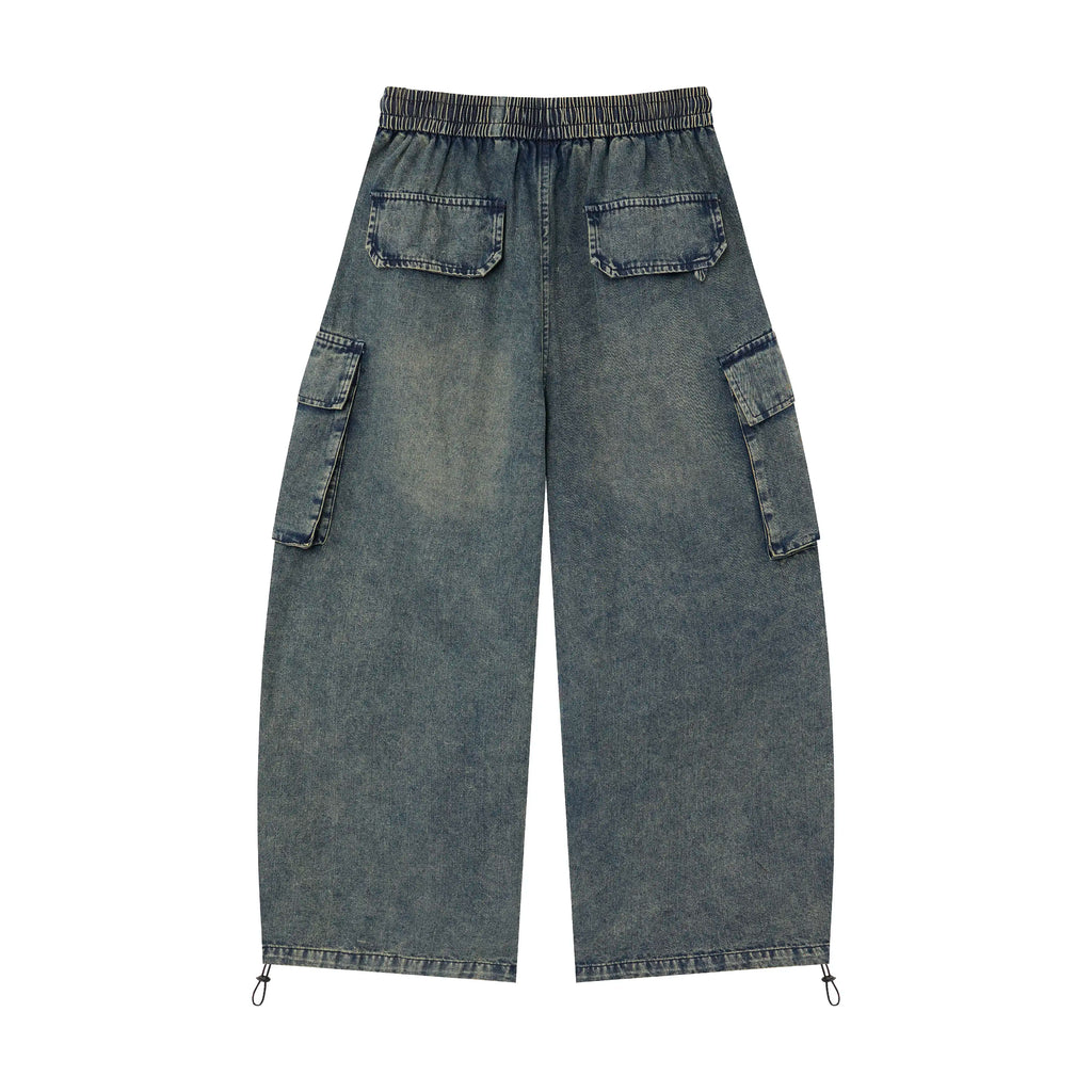Washed Denim Cargo Baggy Pants – Elastic Waist Utility Wide Fit