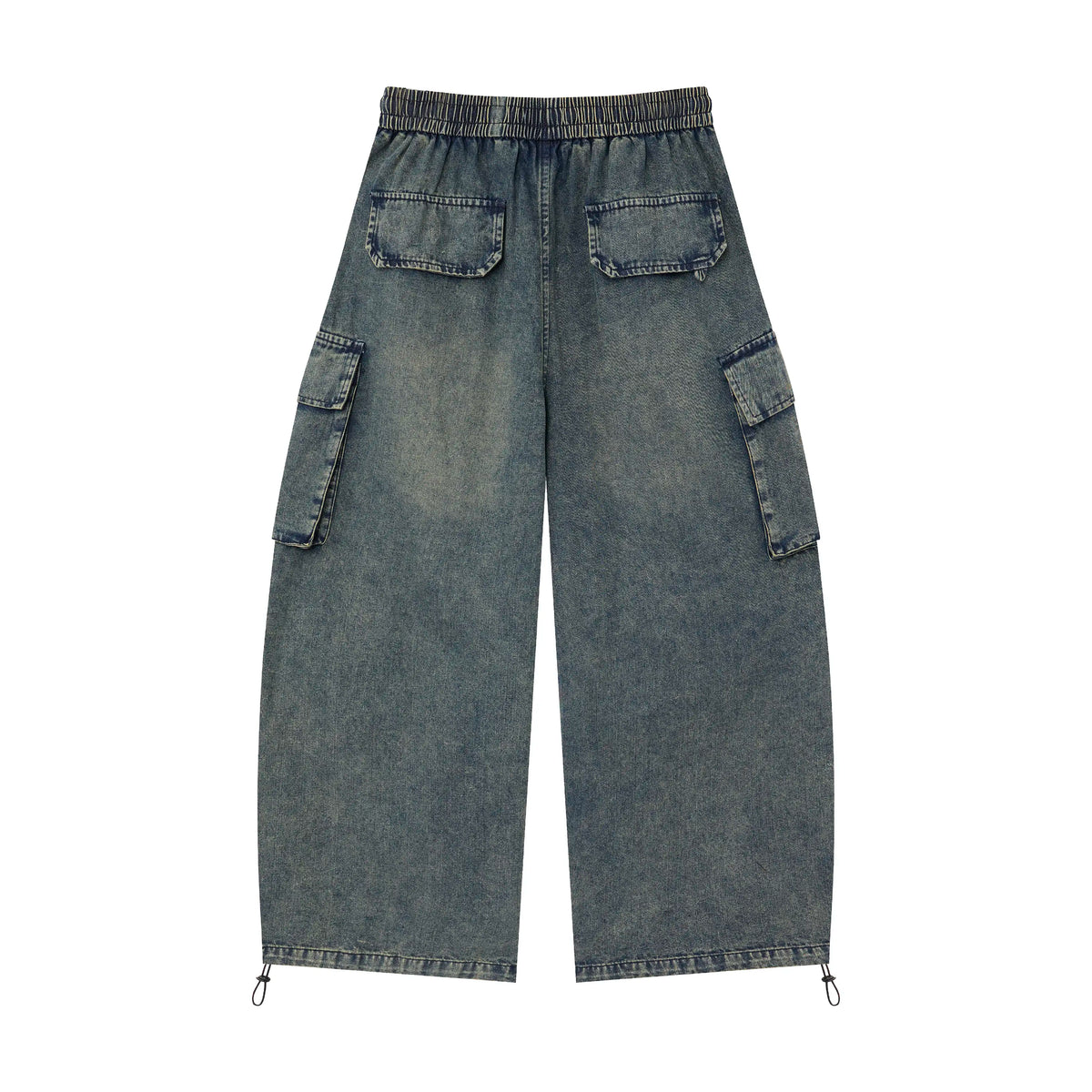 Washed Denim Cargo Baggy Pants – Elastic Waist Utility Wide Fit